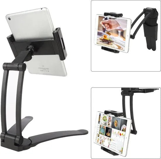 Tablethouder keuken – 2-in-1 muur & bureau – Verstelbaar opvouwbaar – 4,7-13 inch iPad/Samsung – Zwart-Ilumina Benelux