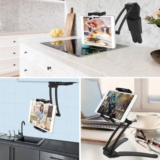 Tablethouder keuken – 2-in-1 muur & bureau – Verstelbaar opvouwbaar – 4,7-13 inch iPad/Samsung – Zwart-Ilumina Benelux