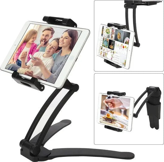 Tablethouder keuken – 2-in-1 muur & bureau – Verstelbaar opvouwbaar – 4,7-13 inch iPad/Samsung – Zwart-Ilumina Benelux