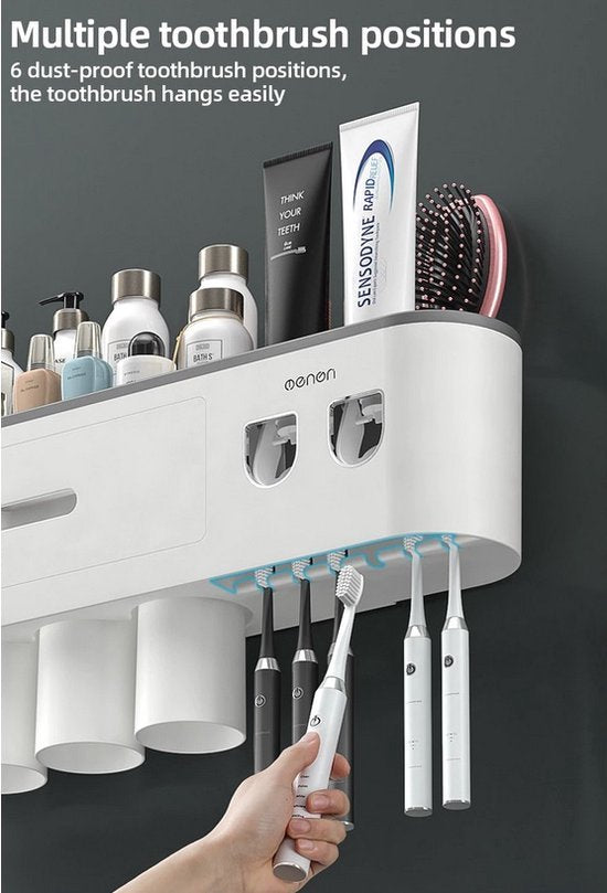 Tandenborstelhouder – Automatische Tandpasta Dispenser – Met Lade & Opbergvak – Wandmontage – Wit-Tandenborstelhouder-Ilumina Benelux