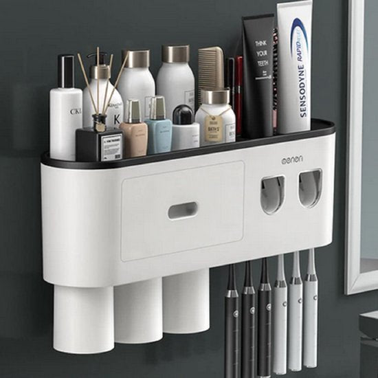 Tandenborstelhouder – Automatische Tandpasta Dispenser – Met Lade & Opbergvak – Wandmontage – Wit-Tandenborstelhouder-Ilumina Benelux