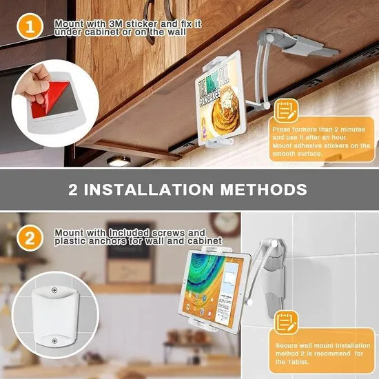 Telefoon- & Tablethouder keuken muur – 2-in-1 Wand/onderkast & bureau – 360° Draaibaar – Verstelbaar 4,5-13 inch – Zwart-Ilumina Benelux