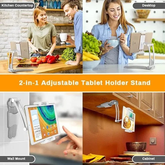 Telefoon- & Tablethouder keuken muur – 2-in-1 Wand/onderkast & bureau – 360° Draaibaar – Verstelbaar 4,5-13 inch – Zwart-Ilumina Benelux