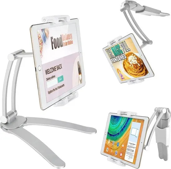 Telefoon- & Tablethouder keuken muur – 2-in-1 Wand/onderkast & bureau – 360° Draaibaar – Verstelbaar 4,5-13 inch – Zwart-Ilumina Benelux