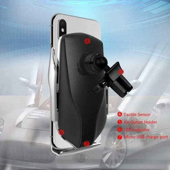 Telefoonhouder auto – 10W Qi draadloos opladen – Smart Sensor automatische klem – USB-C Type-C – Universeel – Zwart-Telefoonhouders-Ilumina Benelux