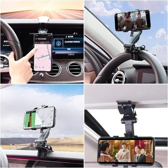 Telefoonhouder auto – 360° draaibaar – Verstelbaar – Dashboard/Stuur/Zonneklep Montage – Zwart-Ilumina Benelux