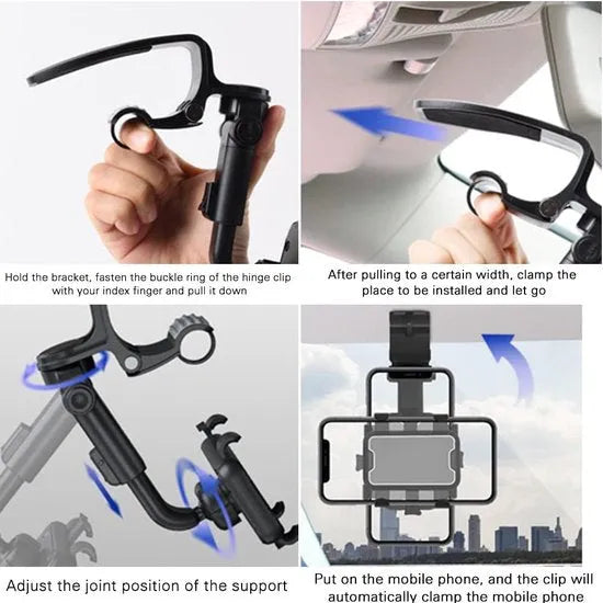 Telefoonhouder auto – 360° draaibaar – Verstelbaar – Dashboard/Stuur/Zonneklep Montage – Zwart-Ilumina Benelux