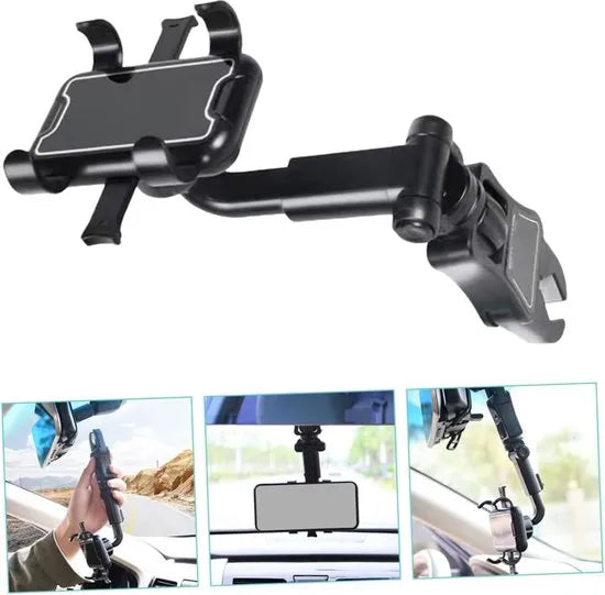Telefoonhouder auto – Achteruitkijkspiegel & Hoofdsteun Montage – 360° Draaibaar – Voor Telefoon/Tablet Tot 7 Inch – Zwart – Luxebass-Ilumina Benelux