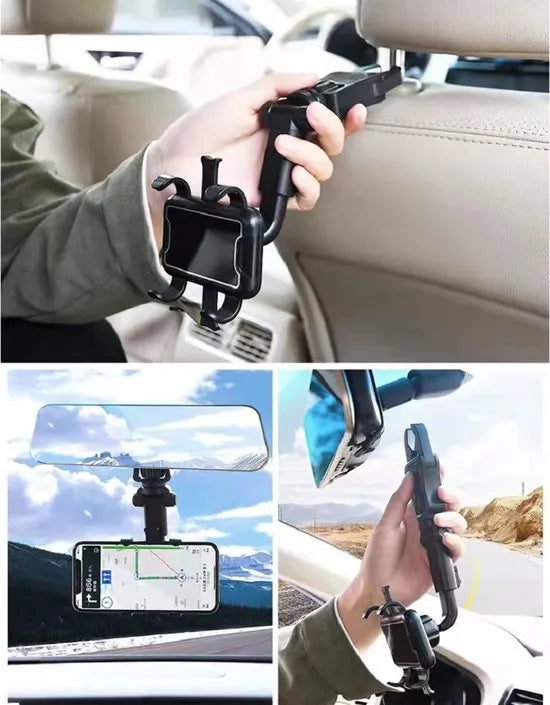 Telefoonhouder auto – Achteruitkijkspiegel & Hoofdsteun Montage – 360° Draaibaar – Voor Telefoon/Tablet Tot 7 Inch – Zwart – Luxebass-Ilumina Benelux