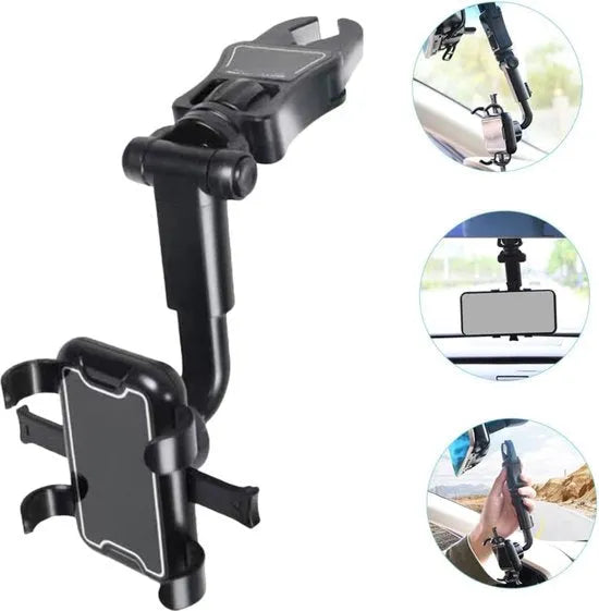 Telefoonhouder auto – Achteruitkijkspiegel & Hoofdsteun Montage – 360° Draaibaar – Voor Telefoon/Tablet Tot 7 Inch – Zwart – Luxebass-Ilumina Benelux