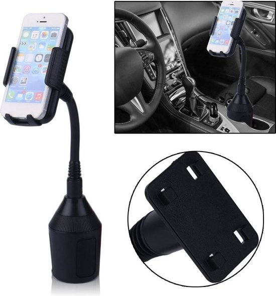 Telefoonhouder auto – Bekerhouder bevestiging – Flexibele arm – Verstelbare standen – Zwart-Ilumina Benelux