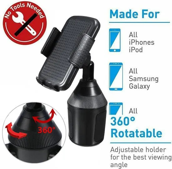 Telefoonhouder auto – Bekerhouder Cup Holder – One-Touch Klem – Universeel Verstelbaar – Zwart-Ilumina Benelux