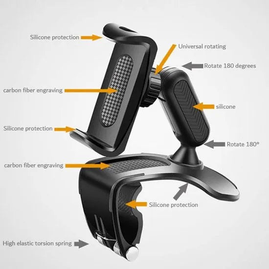Telefoonhouder auto – Clip voor dashboard/spiegel/zonneklep – Verstelbaar – 360° draaibaar – Universeel – Zwart-Ilumina Benelux