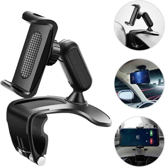 Telefoonhouder auto – Clip voor dashboard/spiegel/zonneklep – Verstelbaar – 360° draaibaar – Universeel – Zwart-Ilumina Benelux