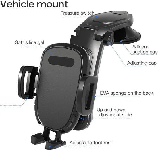 Telefoonhouder auto – Dashboard zuignap – 360° draaibaar – One Touch ontgrendeling – Grijs-Ilumina Benelux