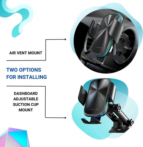 Telefoonhouder auto – Dashboard/Ventilatierooster/Voorruit – 15W Draadloze Oplader – Zuignap & Klem – Zwart-Ilumina Benelux