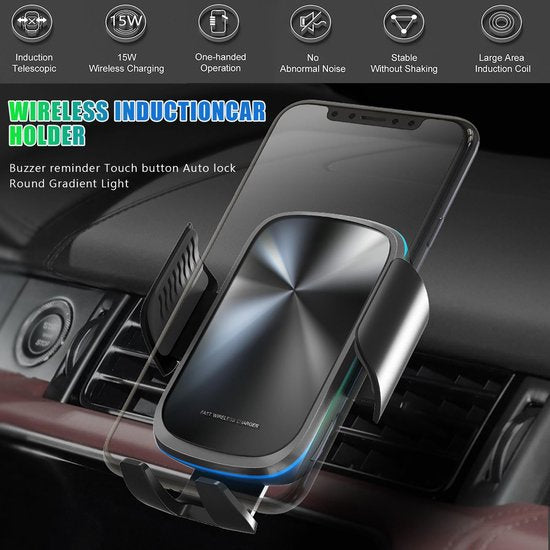 Telefoonhouder auto – Dashboard/Ventilatierooster/Voorruit – 15W Draadloze Oplader – Zuignap & Klem – Zwart-Ilumina Benelux