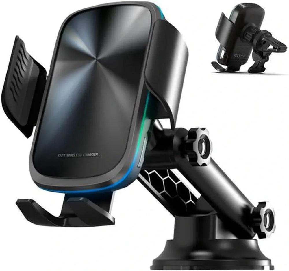 Telefoonhouder auto – Dashboard/Ventilatierooster/Voorruit – 15W Draadloze Oplader – Zuignap & Klem – Zwart-Ilumina Benelux