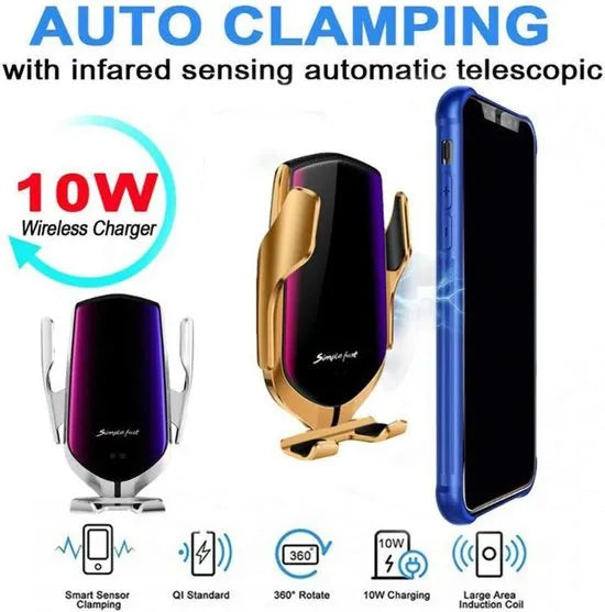 Telefoonhouder auto – Draadloos opladen 10W – Auto-Clamp met sensor – Ventilatierooster – Universeel – Zwart-Telefoonhouders-Ilumina Benelux