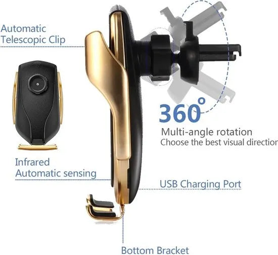 Telefoonhouder auto – Draadloos opladen 10W – Auto-Clamp met sensor – Ventilatierooster – Universeel – Zwart-Telefoonhouders-Ilumina Benelux