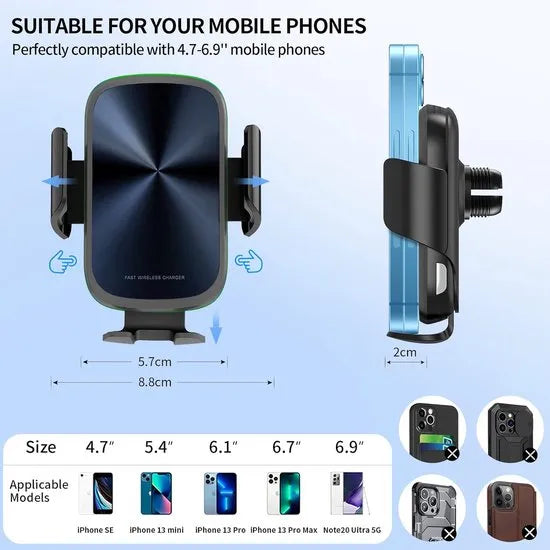 Telefoonhouder auto – Draadloos opladen 15W – Zuignap + ventilatieklem – Case-vriendelijk – Zwart-Ilumina Benelux