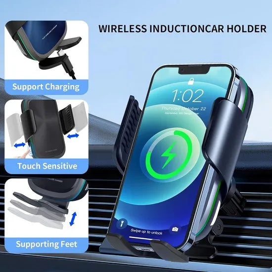 Telefoonhouder auto – Draadloos opladen 15W – Zuignap + ventilatieklem – Case-vriendelijk – Zwart-Ilumina Benelux