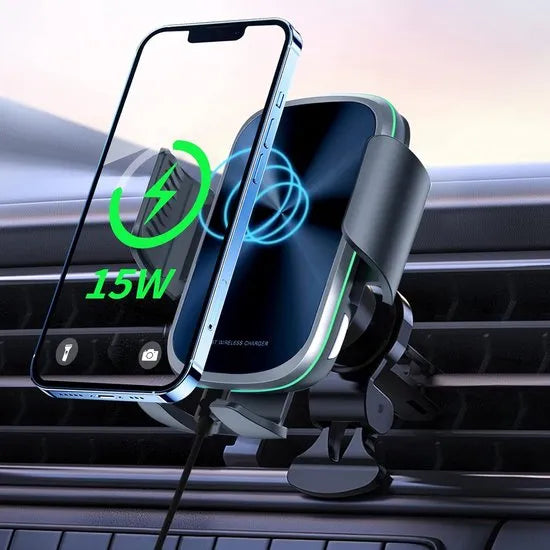 Telefoonhouder auto – Draadloos opladen 15W – Zuignap + ventilatieklem – Case-vriendelijk – Zwart-Ilumina Benelux