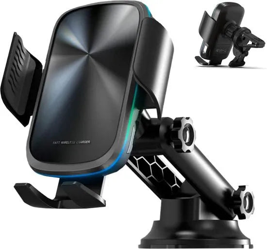 Telefoonhouder auto – Draadloos opladen 15W – Zuignap + ventilatieklem – Case-vriendelijk – Zwart-Ilumina Benelux