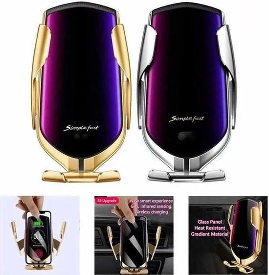 Telefoonhouder auto – Draadloze autolader met sensor – 10W Qi snelladen – Automatisch klemmen – Ventilatierooster – Goud – USB-C-Telefoonhouders-Ilumina Benelux