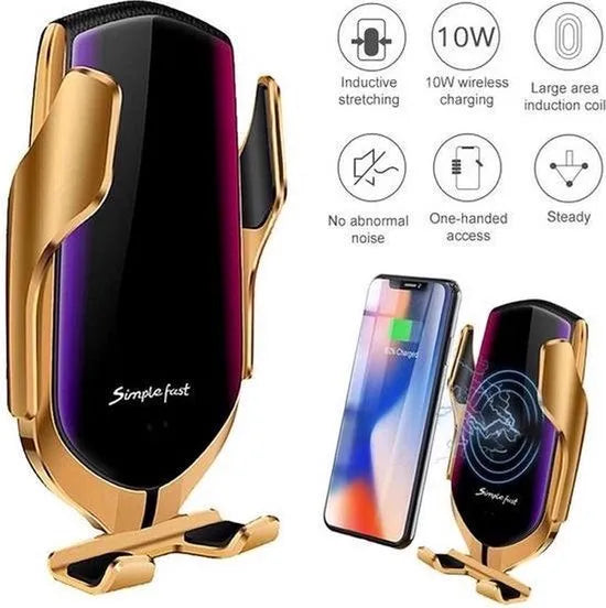 Telefoonhouder auto – Draadloze autolader met sensor – 10W Qi snelladen – Automatisch klemmen – Ventilatierooster – Goud – USB-C-Telefoonhouders-Ilumina Benelux