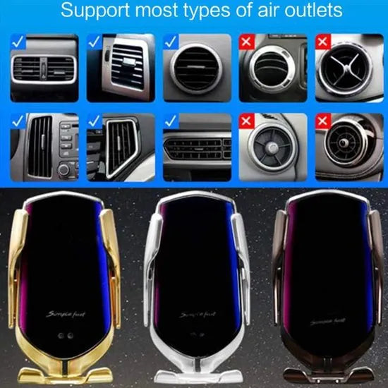 Telefoonhouder auto – Draadloze autolader met sensor – 10W Qi snelladen – Automatisch klemmen – Ventilatierooster – Goud – USB-C-Telefoonhouders-Ilumina Benelux