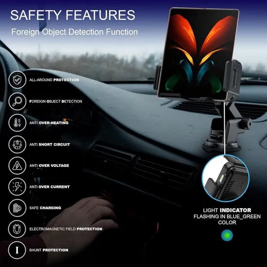 Telefoonhouder auto – Draadloze oplader – Ventilatieclip + zuignap – Voor raam & dashboard – Zwart-Ilumina Benelux