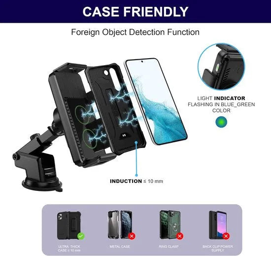 Telefoonhouder auto – Draadloze oplader – Ventilatieclip + zuignap – Voor raam & dashboard – Zwart-Ilumina Benelux