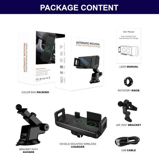 Telefoonhouder auto – Draadloze oplader – Ventilatieclip + zuignap – Voor raam & dashboard – Zwart-Ilumina Benelux
