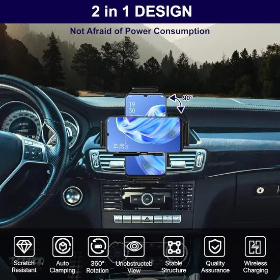 Telefoonhouder auto – Draadloze oplader – Ventilatieclip + zuignap – Voor raam & dashboard – Zwart-Ilumina Benelux