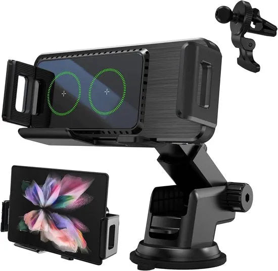 Telefoonhouder auto – Draadloze oplader – Ventilatieclip + zuignap – Voor raam & dashboard – Zwart-Ilumina Benelux