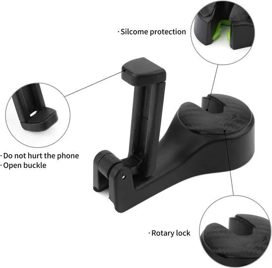 Telefoonhouder auto – Hoofdsteun haakjes organizer – Tassenhaak & kleerhanger – 2-in-1 autostoel hanger – Zwart-Ilumina Benelux