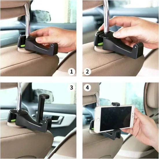 Telefoonhouder auto – Hoofdsteun haakjes organizer – Tassenhaak & kleerhanger – 2-in-1 autostoel hanger – Zwart-Ilumina Benelux