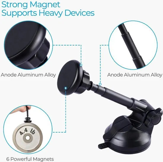 Telefoonhouder auto – Magnetisch – Telescopische beugel – Voorruit & Dashboard Mount – Zwart-Ilumina Benelux