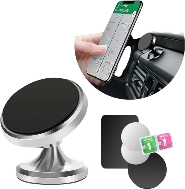 Telefoonhouder auto – Magnetisch verstelbaar – 360° draaibaar – Incl. 4 metalen plaatjes – Zilver-Ilumina Benelux