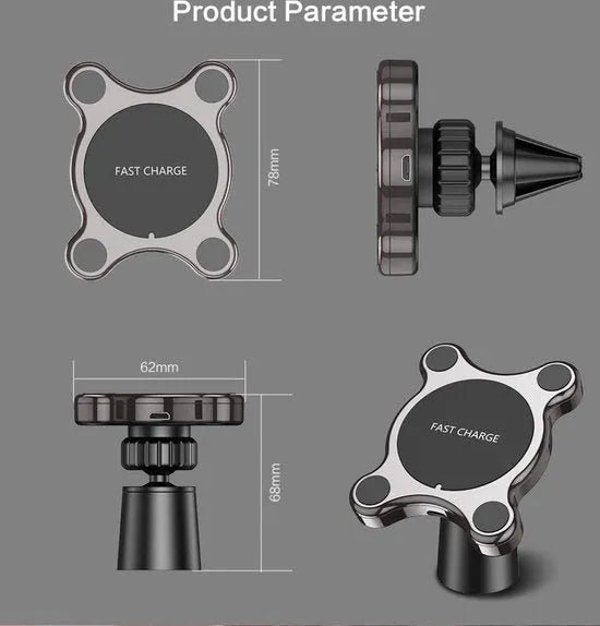 Telefoonhouder auto – Qi draadloos opladen 10W – Magnetische snellader – Dashboard/ventilatierooster – 360° verstelbaar – Zwart-Ilumina Benelux