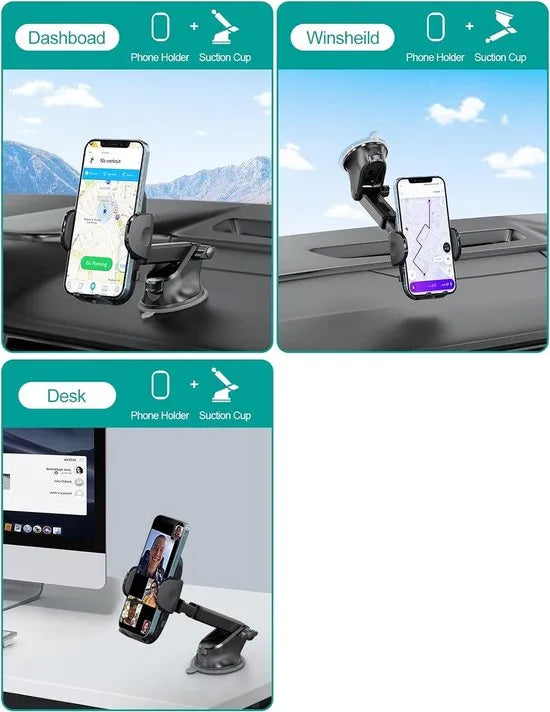 Telefoonhouder auto – Telescopische arm – Verstelbaar klik- en klemsysteem – Zuignap voorruit & dashboard – Zwart-Ilumina Benelux