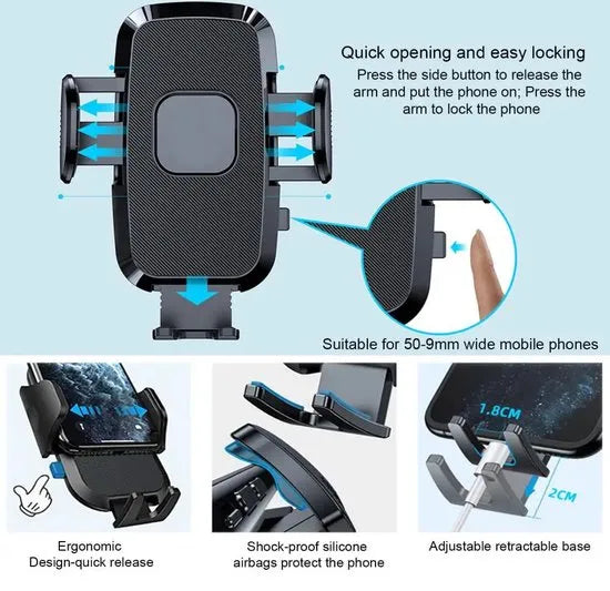 Telefoonhouder auto – Telescopische arm – Verstelbaar klik- en klemsysteem – Zuignap voorruit & dashboard – Zwart-Ilumina Benelux