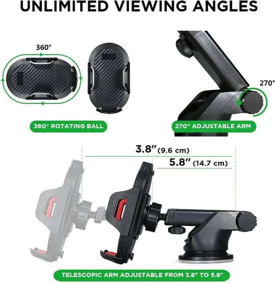 Telefoonhouder auto – Universele dashboard & voorruit houder – Zuignap montage – 360° draaibaar – Zwart-Telefoonhouders-Ilumina Benelux