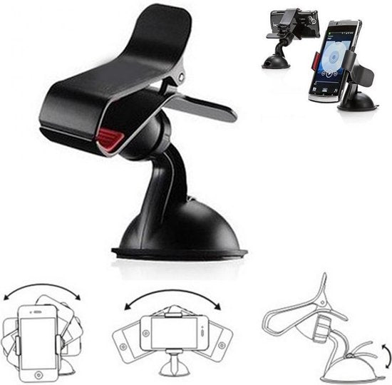 Telefoonhouder auto – Universele Klemhouder – Voor Voorruit Dashboard Raam Bureau – 360° Draaibaar – Zwart