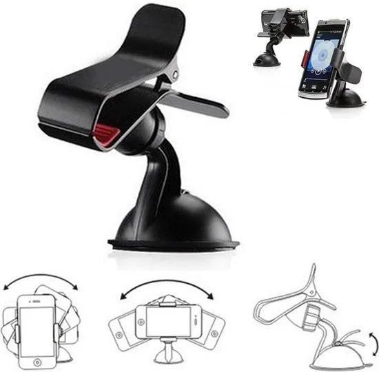 Telefoonhouder auto – Universele Klemhouder – Voor Voorruit Dashboard Raam Bureau – 360° Draaibaar – Zwart-Ilumina Benelux