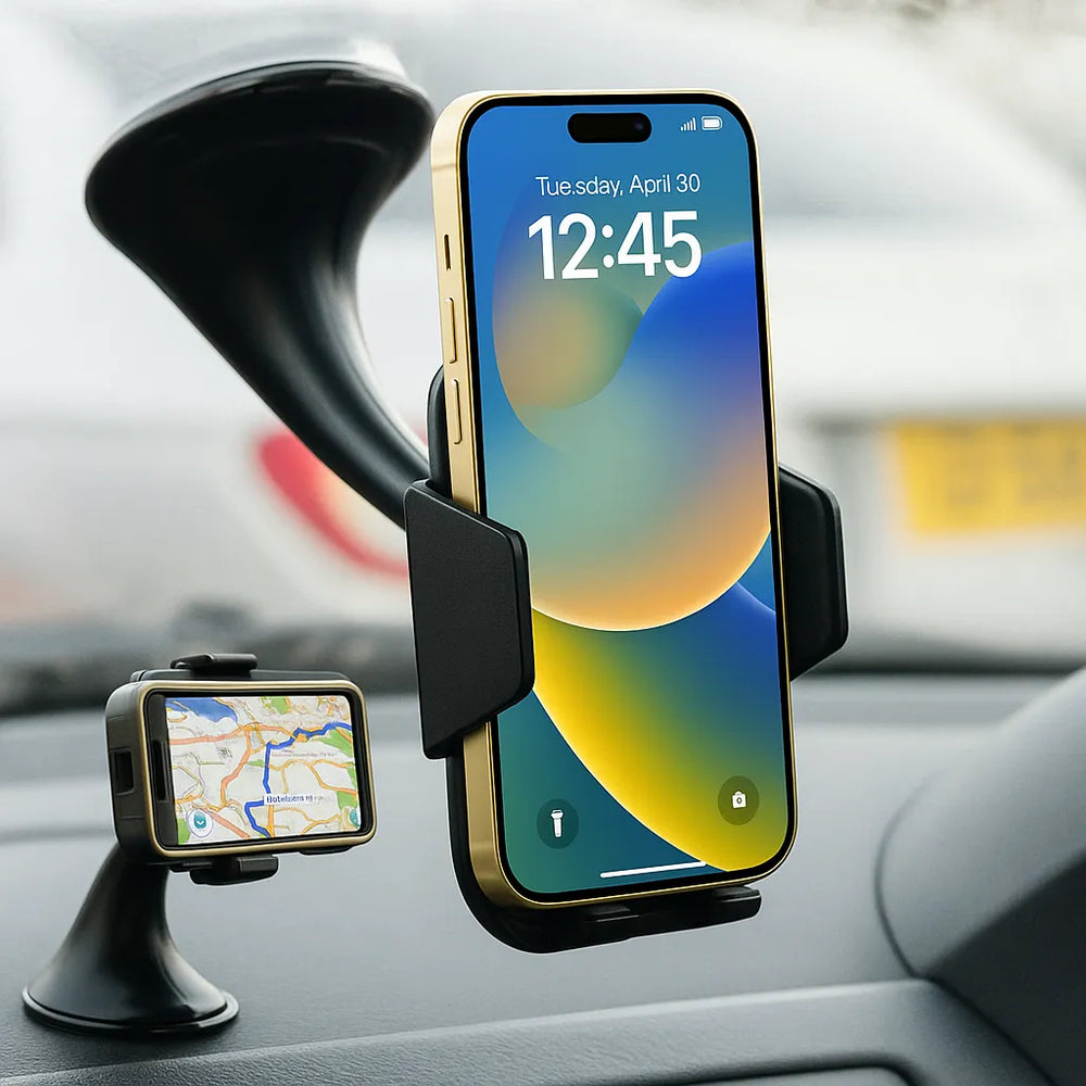 Telefoonhouder auto – Voorruit & Dashboard – Zuignap – 360° Draaibaar – Verstelbare Grip – Zwart-Ilumina Benelux