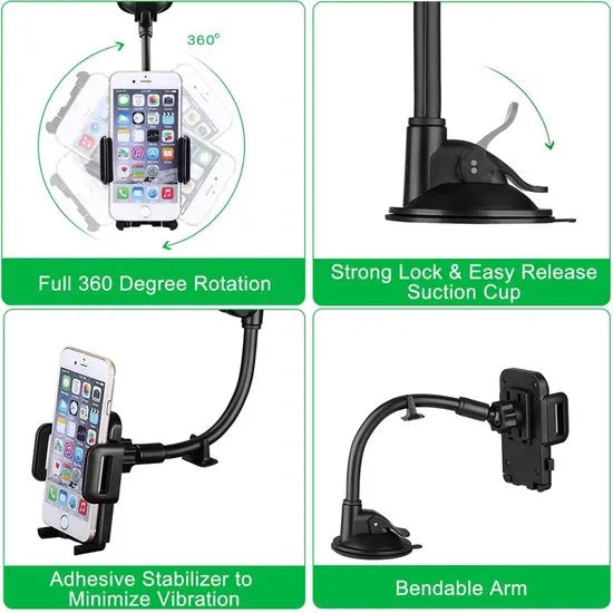 Telefoonhouder auto – Voorruit houder met lange arm – 360° draaibaar – LB-516 – Zwart-Ilumina Benelux