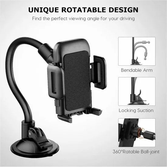 Telefoonhouder auto – Voorruit houder met lange arm – 360° draaibaar – LB-516 – Zwart-Ilumina Benelux
