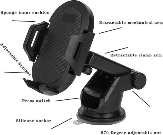 Telefoonhouder auto – Zuignap Dashboard/Raam – Klembevestiging – 360° Draaibaar – Zwart-Ilumina Benelux